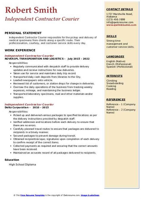 10 Independent Contractor Courier Resume Samples Templates For 2025 10 Independent Contractor Courier Resume Samples Templates For 2025