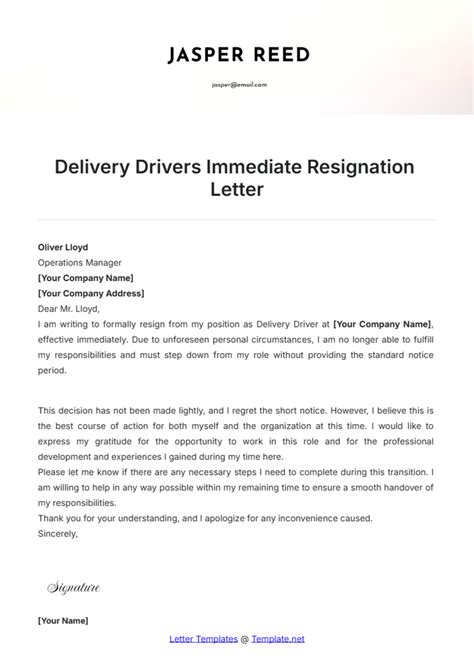 Delivery Driver Resignation Letter Template Delivery Driver Resignation Letter Template