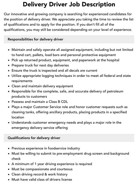 Job Description For A Delivery Driver