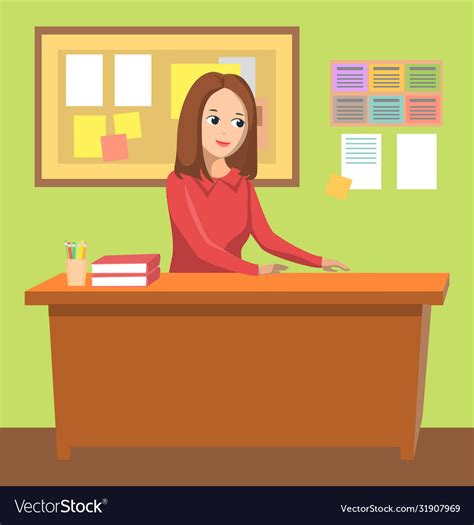 Teacher Sitting Desk In Classroom Woman Tutor Vector Image Teacher Sitting Desk In Classroom Woman Tutor Vector Image